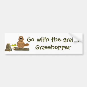 Funny Wood Turning Beaver and Grasshopper Cartoon Bumper Sticker
