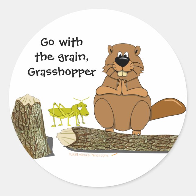 Funny Wood Turning Beaver and Grasshopper Cartoon Classic Round Sticker (Front)
