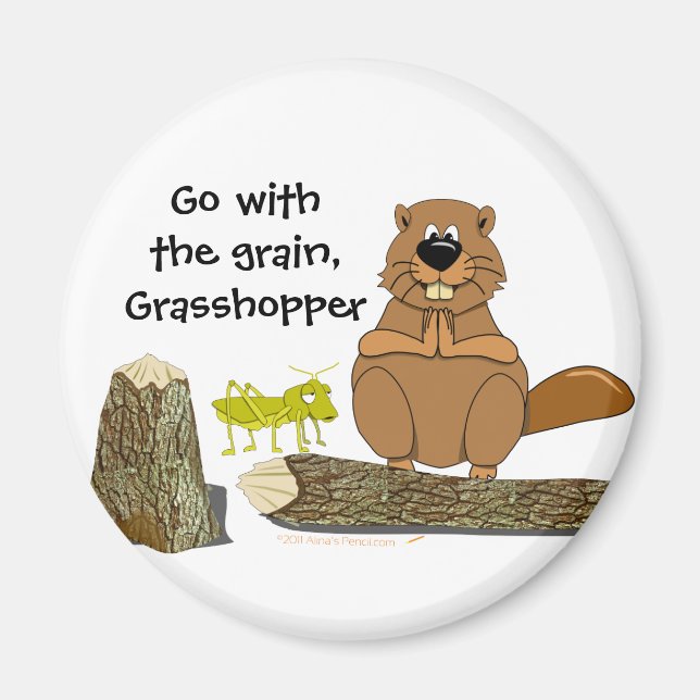 Funny Wood Turning Beaver and Grasshopper Cartoon Magnet (Front)