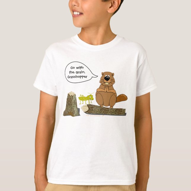 Funny Wood Turning Beaver and Grasshopper Cartoon T-Shirt (Front)