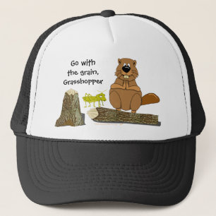 Funny Wood Turning Beaver and Grasshopper Cartoon Trucker Hat