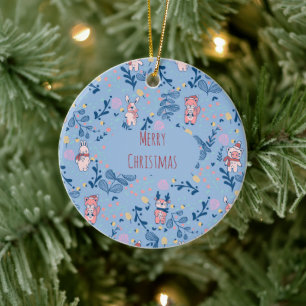Funny Woodland Friends Blue Winter Forest Pattern Ceramic Ornament