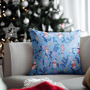 Funny Woodland Friends Blue Winter Forest Pattern Cushion