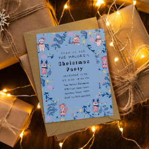 Funny Woodland Friends  Blue Winter Forest Pattern Invitation