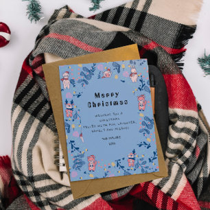 Funny Woodland Friends  Blue Winter Forest Pattern Postcard