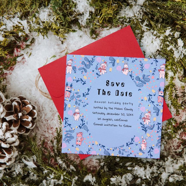 Funny Woodland Friends  Blue Winter Forest Pattern Save The Date (Creator Uploaded)