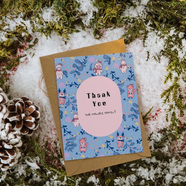 Funny Woodland Friends  Blue Winter Forest Pattern Thank You Card (Creator Uploaded)