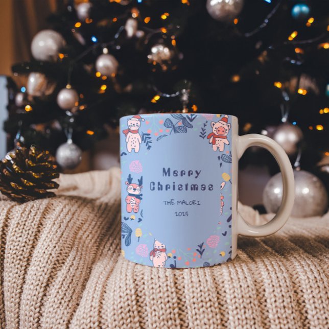 Funny Woodland Friends  Blue Winter Forest Pattern Two-Tone Coffee Mug (Creator Uploaded)