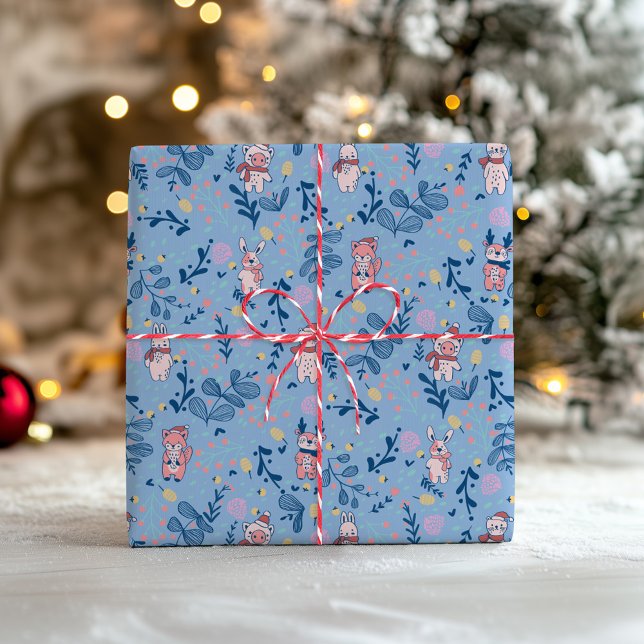Funny Woodland Friends  Blue Winter Forest Pattern Wrapping Paper (Creator Uploaded)