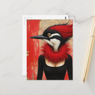 Funny Woodpecker in a black dress mixed media art Postcard