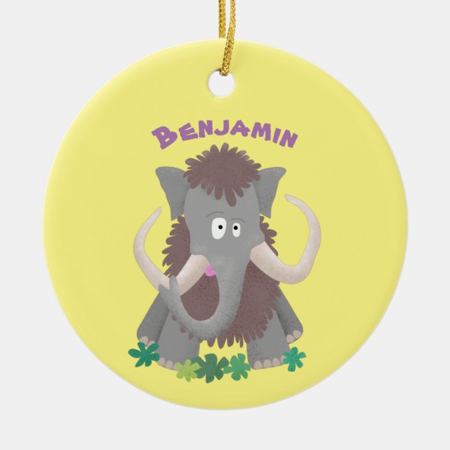 Funny woolly mammoth cartoon illustration ceramic ornament (Front)
