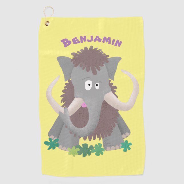 Funny woolly mammoth cartoon illustration  golf towel (Front)