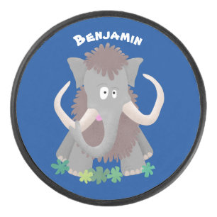 Funny woolly mammoth cartoon illustration hockey puck