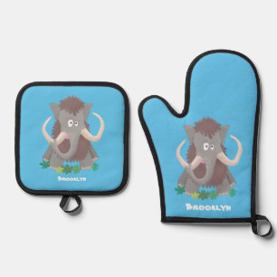 Funny woolly mammoth cartoon illustration oven mitt & pot holder set