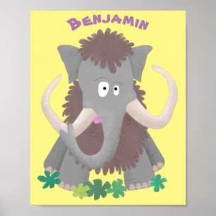 Funny woolly mammoth cartoon illustration poster