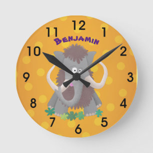 Funny woolly mammoth cartoon illustration round clock