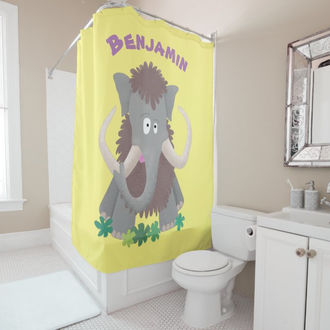 Funny woolly mammoth cartoon illustration shower curtain (In Situ)