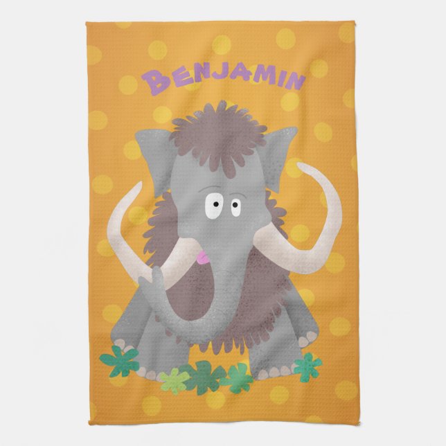 Funny woolly mammoth cartoon illustration tea towel (Vertical)