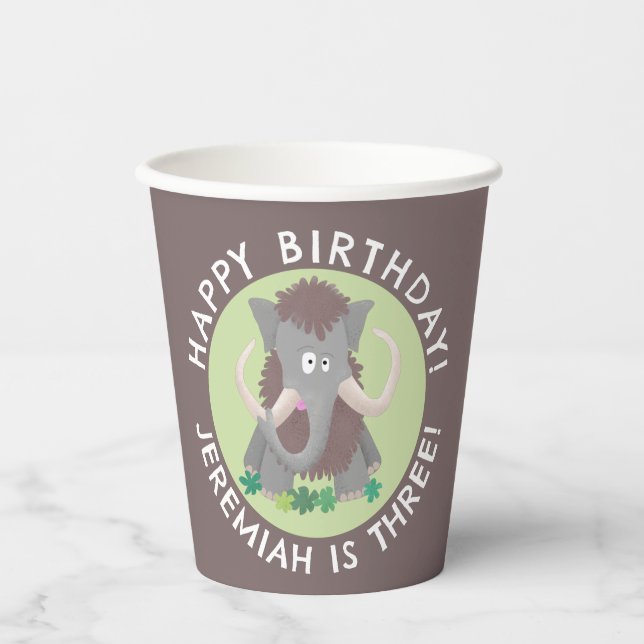 Funny woolly mammoth cartoon personalised birthday paper cups (Front)