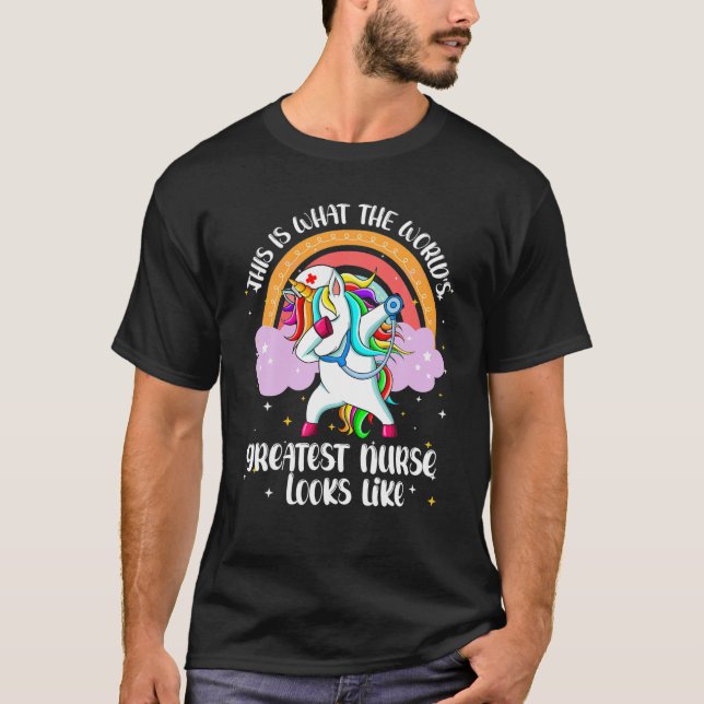 Funny World Greatest Nurse RN Nursing Unicorn Rain T-Shirt (Front)