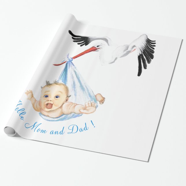 Funny Wrapping Paper Stork Carrying Baby Your Text (Unrolled)