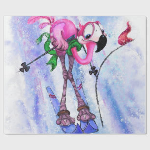 Funny Wrapping Paper with Pink Flamingo Skier