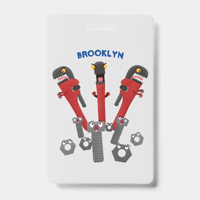 Funny wrench monster tools humour cartoon ID badge (Front)