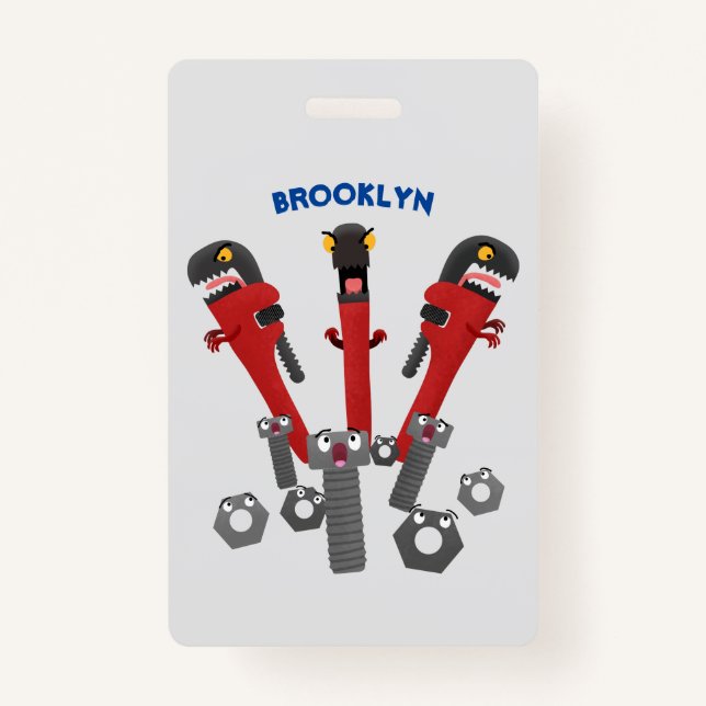 Funny wrench monster tools humour cartoon ID badge (Front)