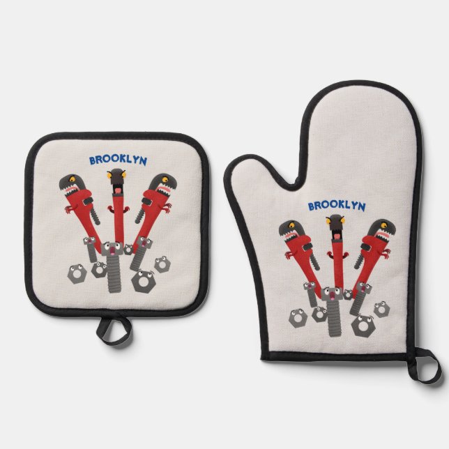 Funny wrench monster tools humour cartoon oven mitt & pot holder set (Front)