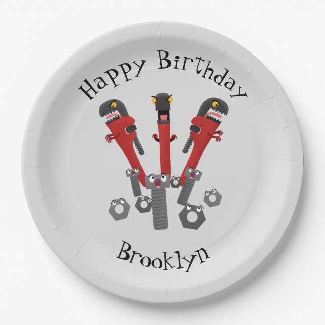 Funny wrench monster tools humour cartoon  paper plate (Front)