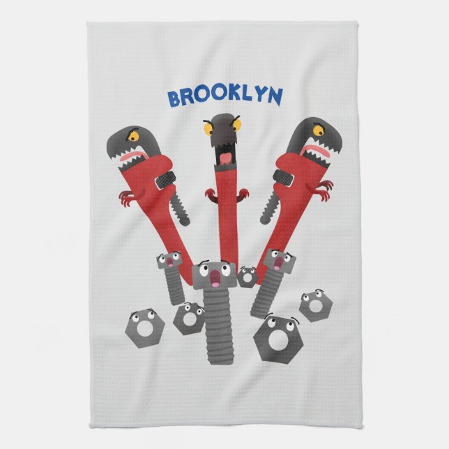 Funny wrench monster tools humour cartoon  tea towel (Vertical)