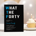 Funny WTF Adult 40th Birthday Party Invitation<br><div class="desc">Brighten up your milestone celebration with our unique 40th birthday party invitations! These invitees offer a witty 'what the forty' phrase, set against a sleek black backdrop. With a contemporary text template that can easily be tailored to your preference, you can surely relay the details of your festivity in style!...</div>