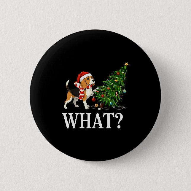 Funny Xmas Beagle Pushing Christmas Tree Over Dog  6 Cm Round Badge (Front)
