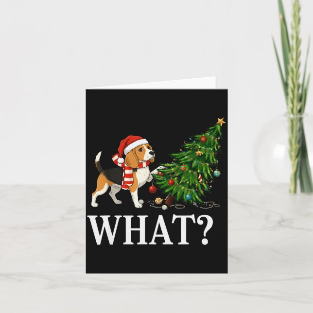 Funny Xmas Beagle Pushing Christmas Tree Over Dog  Card (Front)