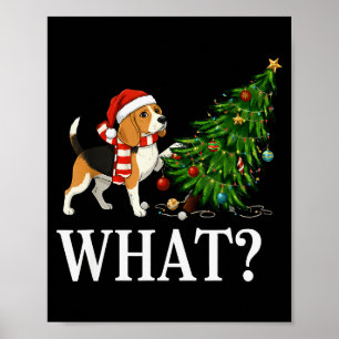 Funny Xmas Beagle Pushing Christmas Tree Over Dog Poster