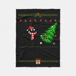 Funny Xmas Black Cat Pushing Christmas Tree Over C Fleece Blanket