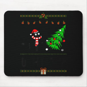 Funny Xmas Black Cat Pushing Christmas Tree Over C Mouse Pad