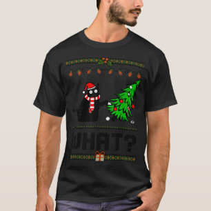 Funny Xmas Black Cat Pushing Christmas Tree Over C T-Shirt