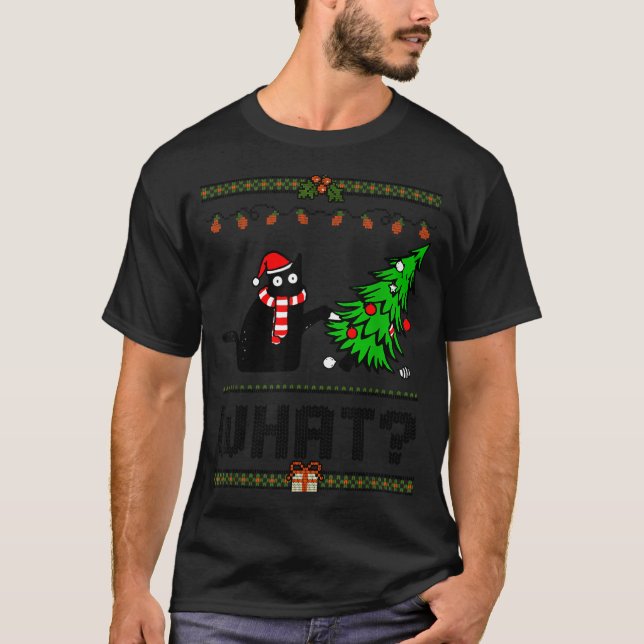 Funny Xmas Black Cat Pushing Christmas Tree Over C T-Shirt (Front)