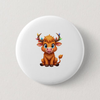 Funny Xmas Cow Lights Boys Girls Cute Highland Cow 6 Cm Round Badge