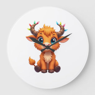Funny Xmas Cow Lights Boys Girls Cute Highland Cow Large Clock