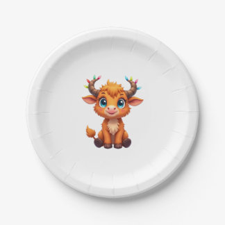 Funny Xmas Cow Lights Boys Girls Cute Highland Cow Paper Plate