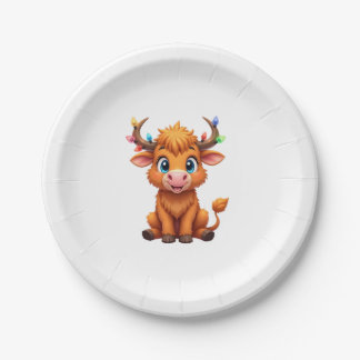 Funny Xmas Cow Lights Boys Girls Cute Highland Cow Paper Plate