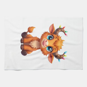 Funny Xmas Cow Lights Boys Girls Cute Highland Cow Tea Towel