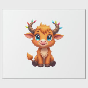 Funny Xmas Cow Lights Boys Girls Cute Highland Cow Wrapping Paper