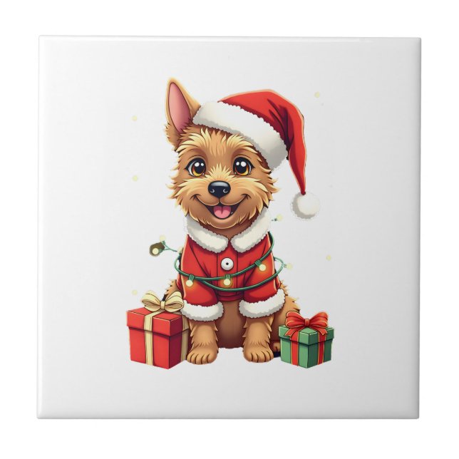 Funny Xmas Lighting Santa Border Terrier Dog Chris Ceramic Tile (Front)