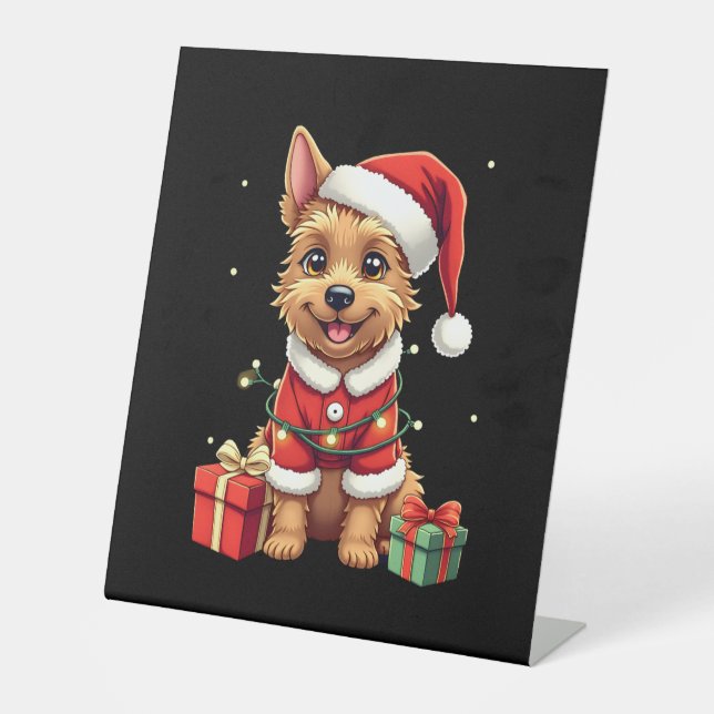 Funny Xmas Lighting Santa Border Terrier Dog Chris Pedestal Sign (Front)