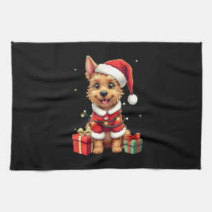 Funny Xmas Lighting Santa Border Terrier Dog Chris Tea Towel