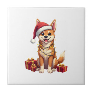Funny Xmas Lighting Santa Hat Tamaskan Dog Christm Ceramic Tile