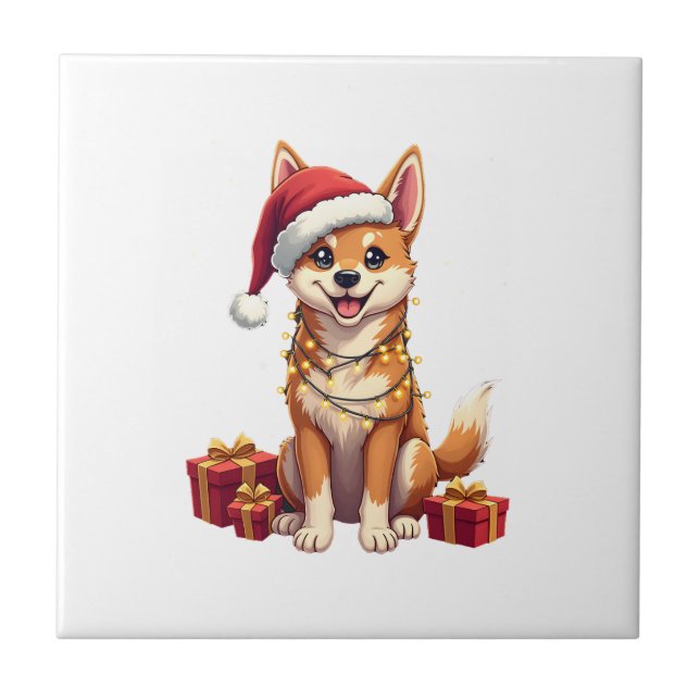 Funny Xmas Lighting Santa Hat Tamaskan Dog Christm Ceramic Tile (Front)